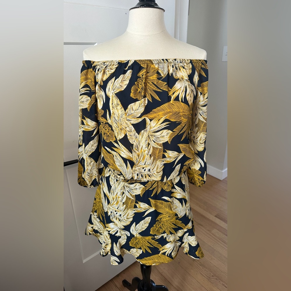 Veronica M Strapless Dress with Black and Gold Leaf Pattern